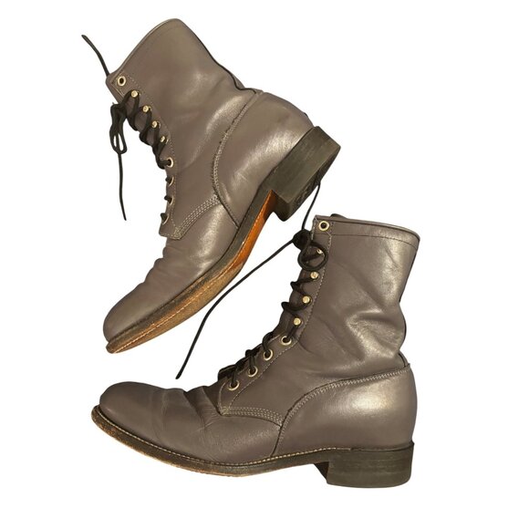 Justin 502 Vintage Gray Leather Lace-Up Combat Boots Stacked Heel Unisex 8 D - Picture 13 of 14